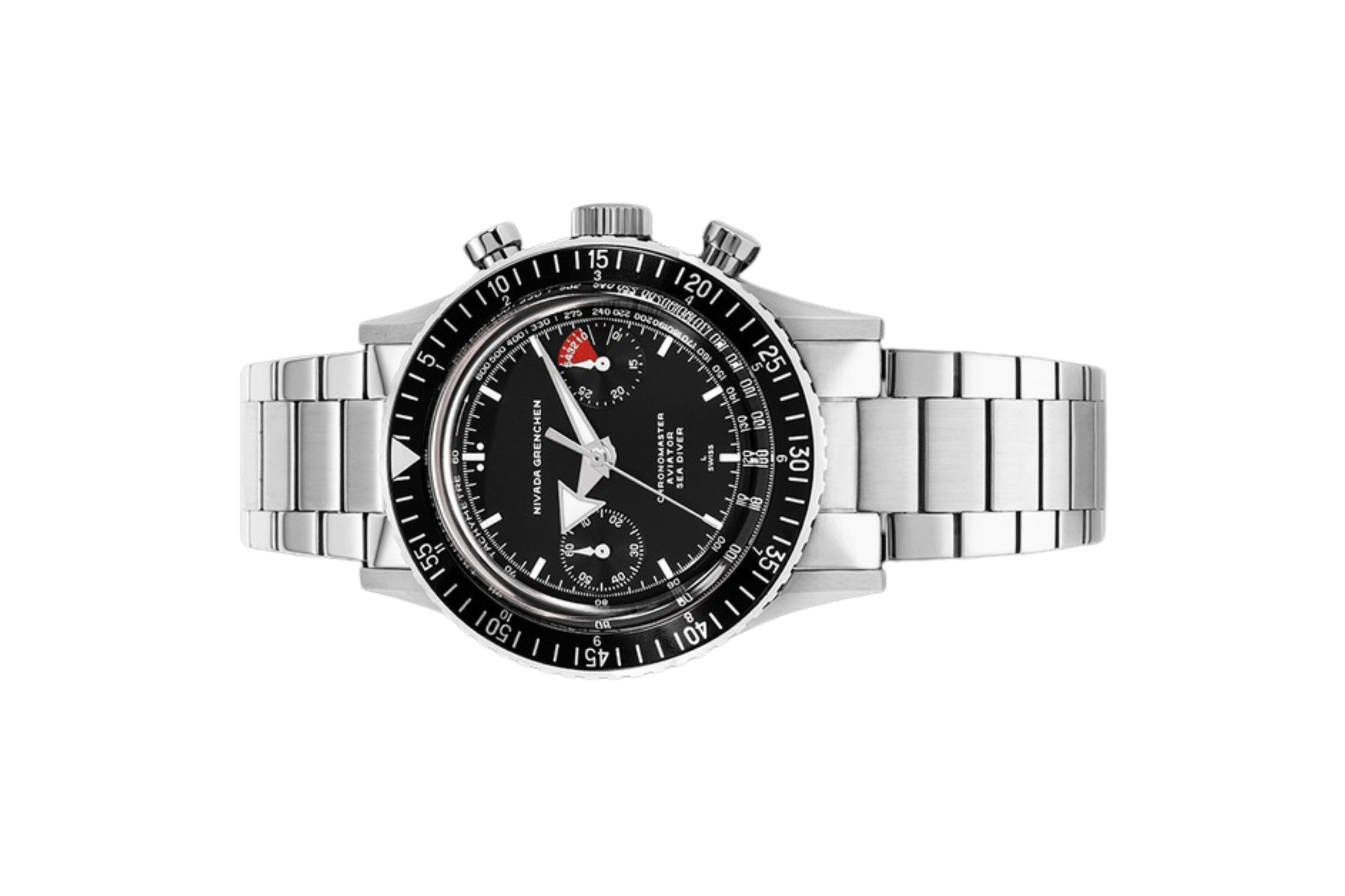 Đồng hồ đeo tay thương hiệu Nivada Grenchen, dòng sản phẩm Chronomaster White Broad Arrow, Ref no: 86007WM, mặt số màu đen, size 38mm, lên dây cót bằng tay, vỏ và dây đồng hồ bằng thép không gỉ, mới 100%