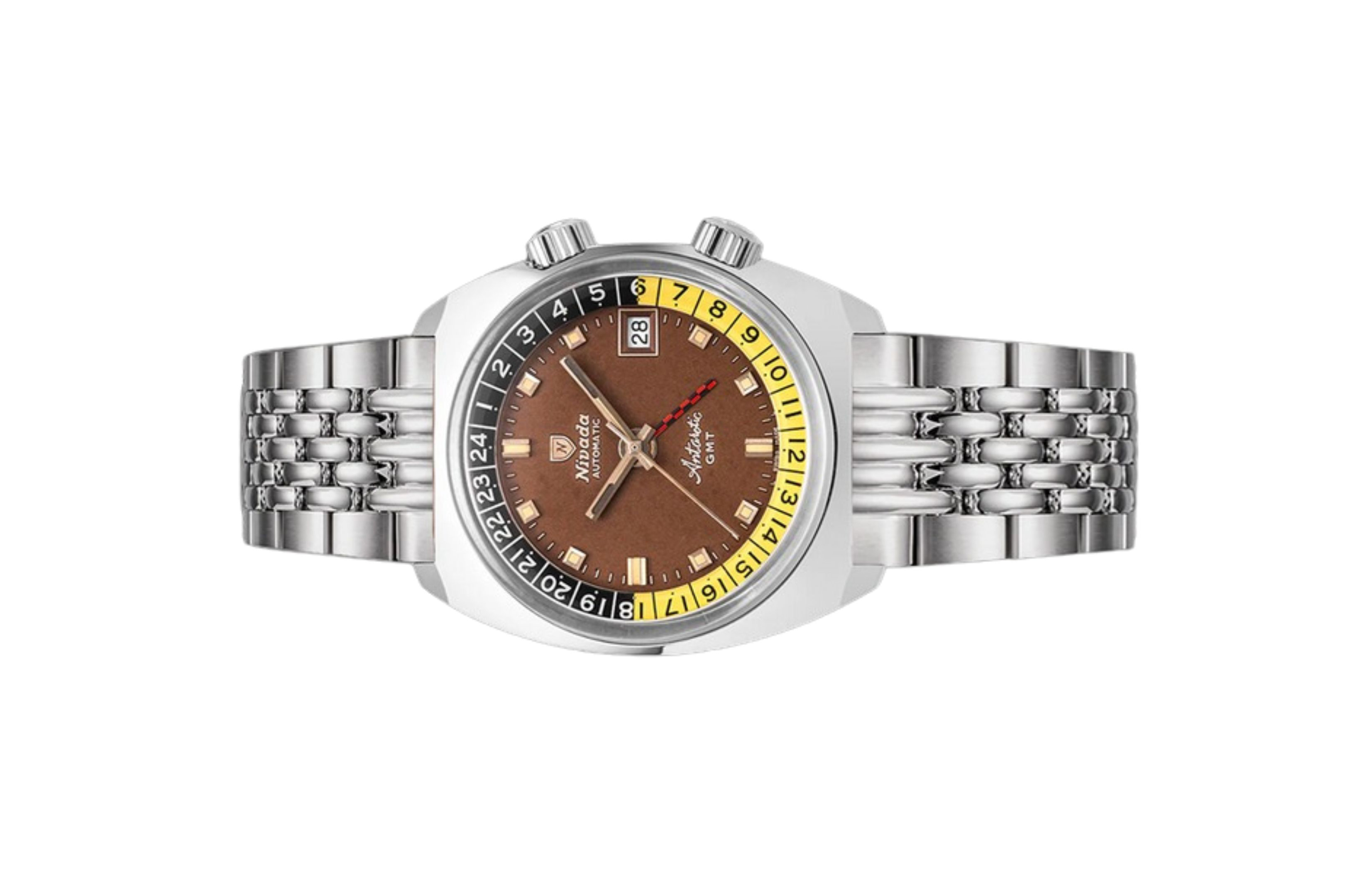 Đồng hồ đeo tay thương hiệu Nivada Grenchen, dòng sản phẩm Antarctic GMT, Ref num 32061A, mặt số nâu nhiệt đới, size 36mm, máy tự động, vỏ và dây đồng hồ bằng thép không gỉ 316L, mới 100%