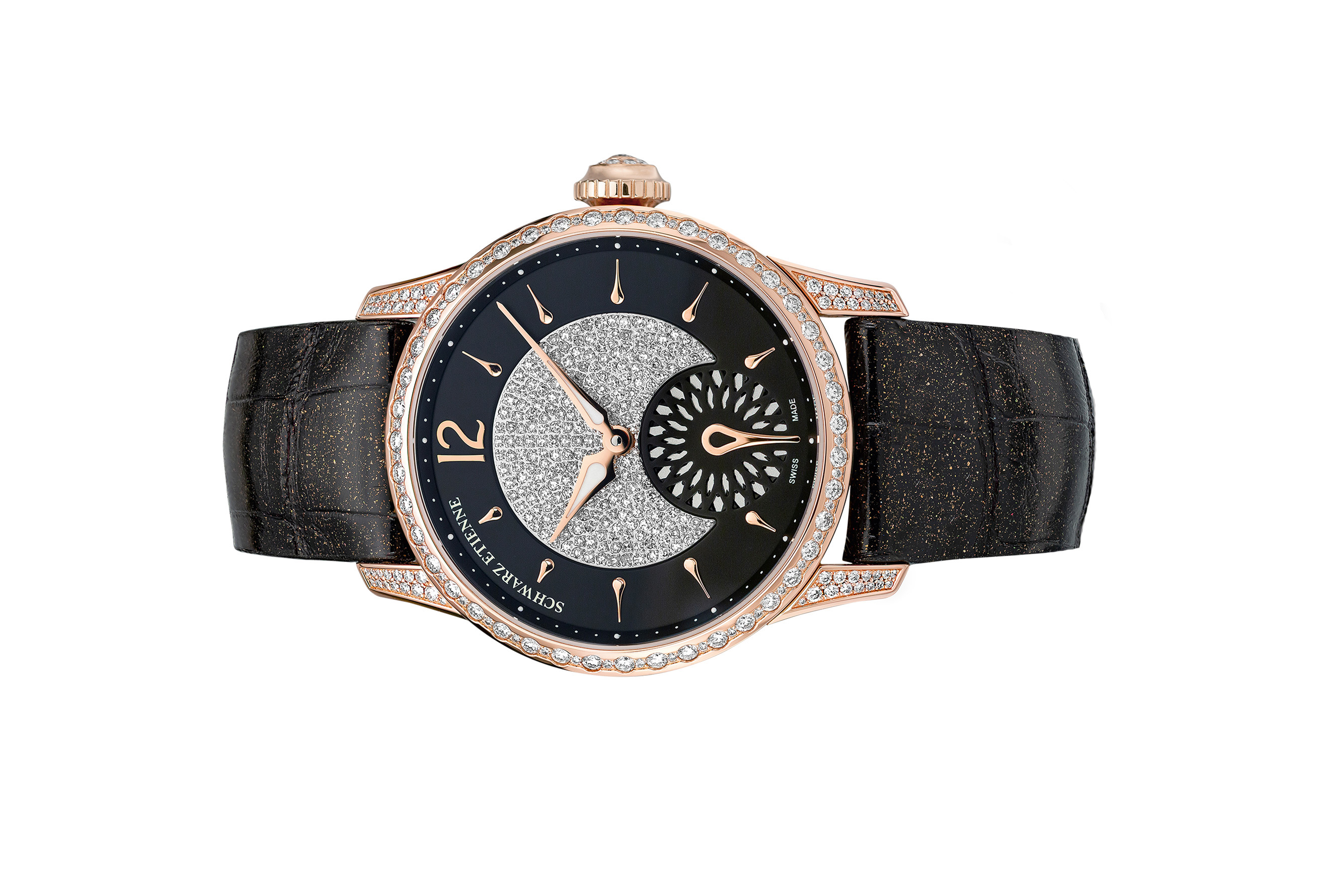 Đồng hồ đeo tay thương hiệu Schwarz Etienne, dòng sản phẩm Fiji Floral Seconds, ref WFI04MA01RBW01-A, mặt số đen, size 38mm, máy tự động, vỏ đồng hồ bằng vàng hồng 18k, dây da, mới 100%