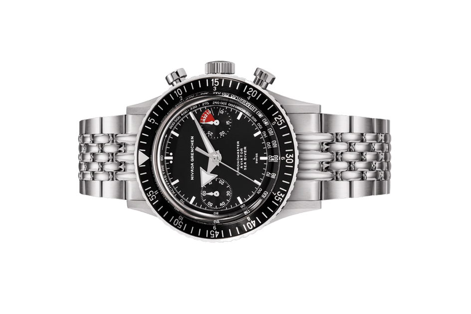 Đồng hồ đeo tay thương hiệu Nivada Grenchen, dòng sản phẩm Chronomaster White Broad Arrow, Ref no: 86007WM, mặt số màu đen, size 38mm, lên dây cót bằng tay, vỏ và dây đồng hồ bằng thép không gỉ, mới 100%