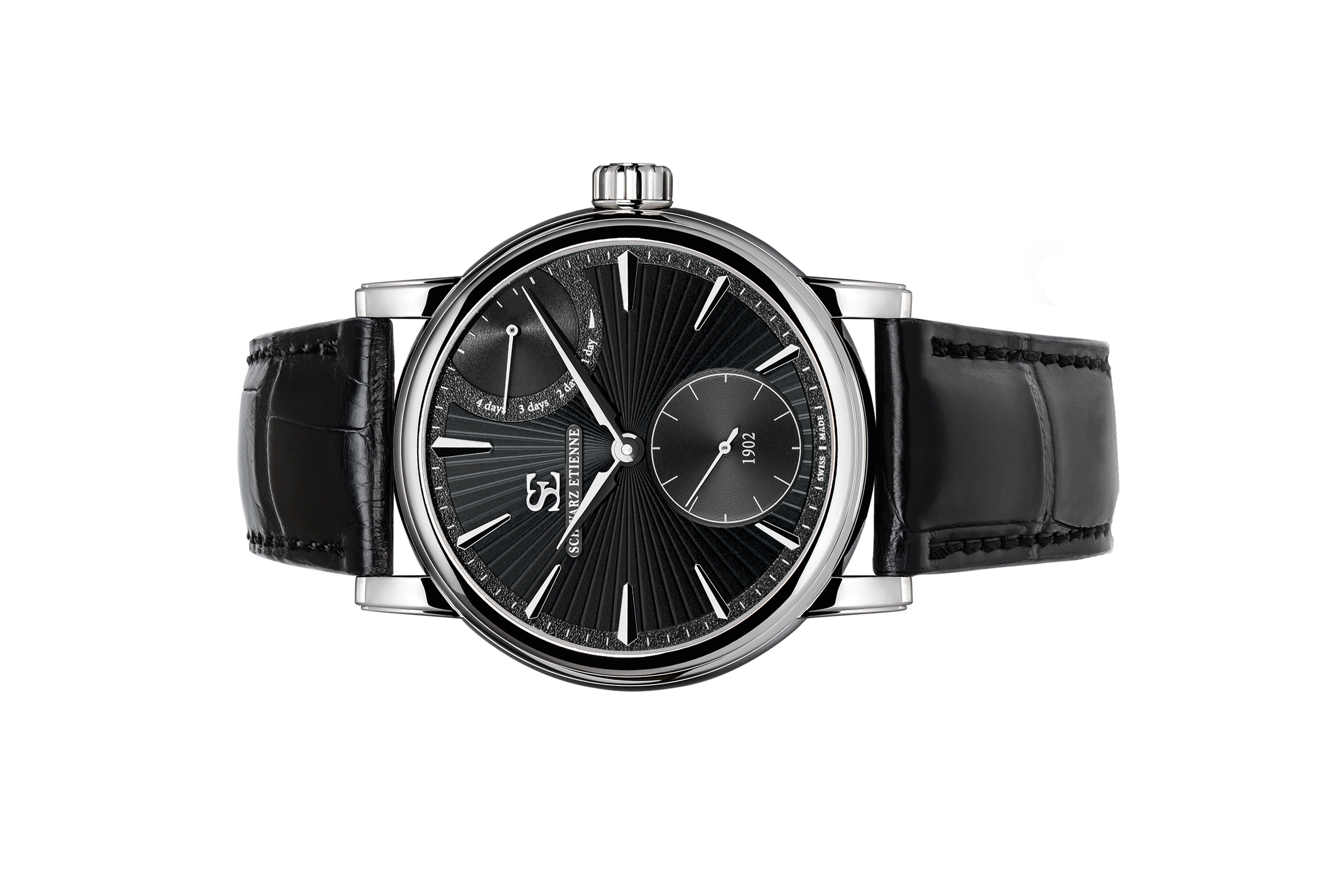 Đồng hồ đeo tay thương hiệu Schwarz Etienne, dòng sản phẩm Roma Power reserve, Number no WRO16MS26SS01AA, mặt số đen, size 42mm, máy lên cót tay, vỏ đồng hồ bằng thép không gỉ, dây da, mới 100%
