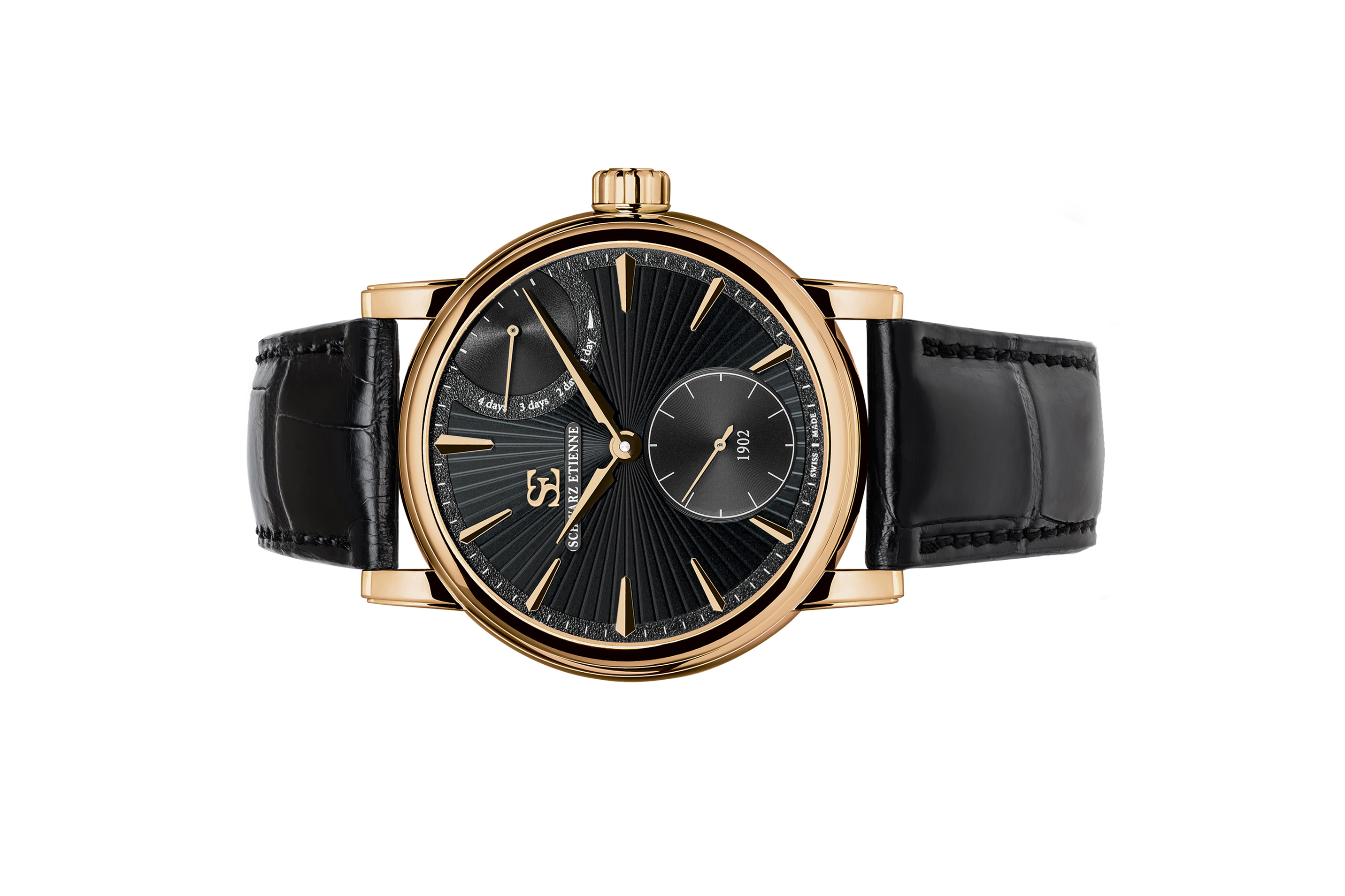 Đồng hồ đeo tay thương hiệu Schwarz Etienne, dòng sản phẩm Roma Power reserve, Number no WRO16MS31RB01AA, mặt số đen, size 42mm, máy lên cót tay, vỏ đồng hồ bằng vàng hồng 18k, dây da, mới 100%
