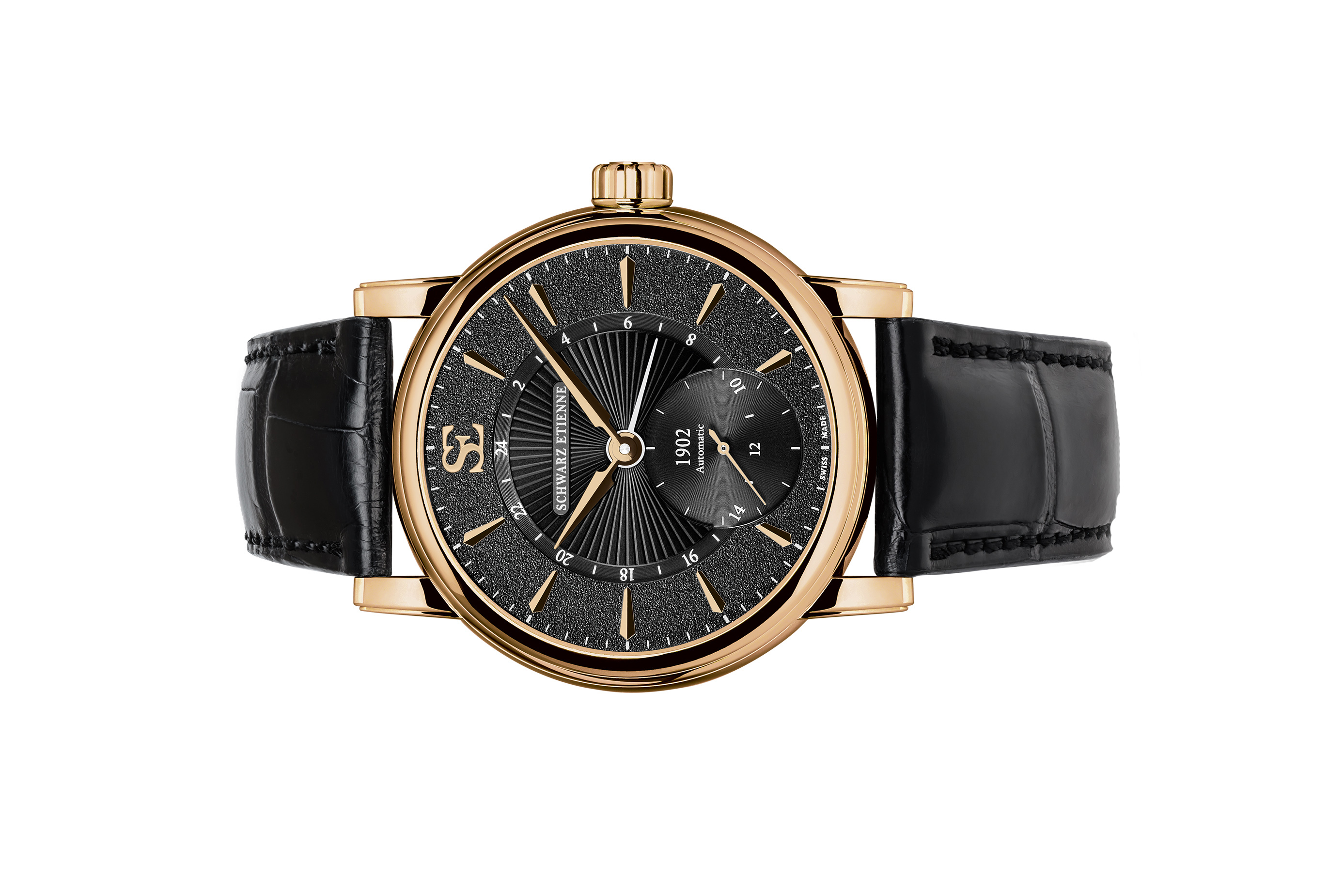 Đồng hồ đeo tay thương hiệu Schwarz Etienne, dòng sản phẩm GMT, Number no WRO17MA31RB01AA, mặt số đen, size 42mm, máy tự động, vỏ đồng hồ bằng vàng hồng 18k, dây da, mới 100%