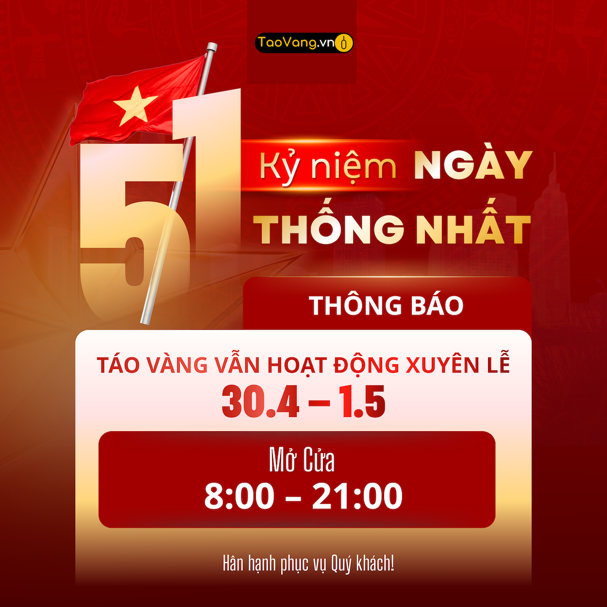 THÔNG BÁO HOẠT ĐỘNG XUYÊN LỄ 30/4 – 1/5