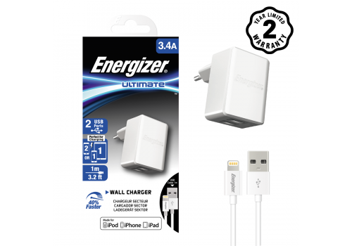 Sạc Energizer UL 3.4A 2USB + Cáp Lightning - ACA2CUSULI3, ACA2CEUULI3