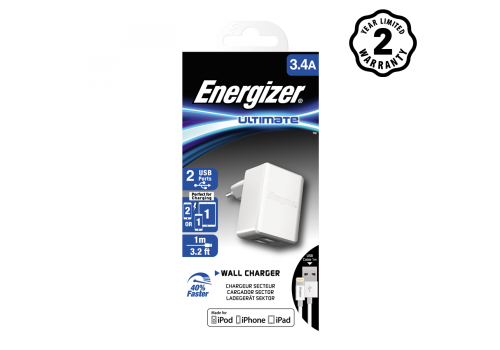 Sạc Energizer UL 3.4A 2USB + Cáp Lightning - ACA2CUSULI3, ACA2CEUULI3
