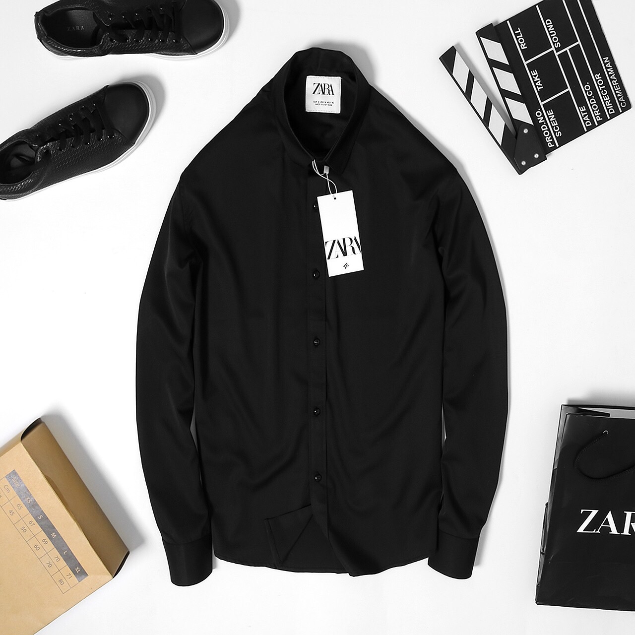 Sơmi dài tay Zara trắng đen