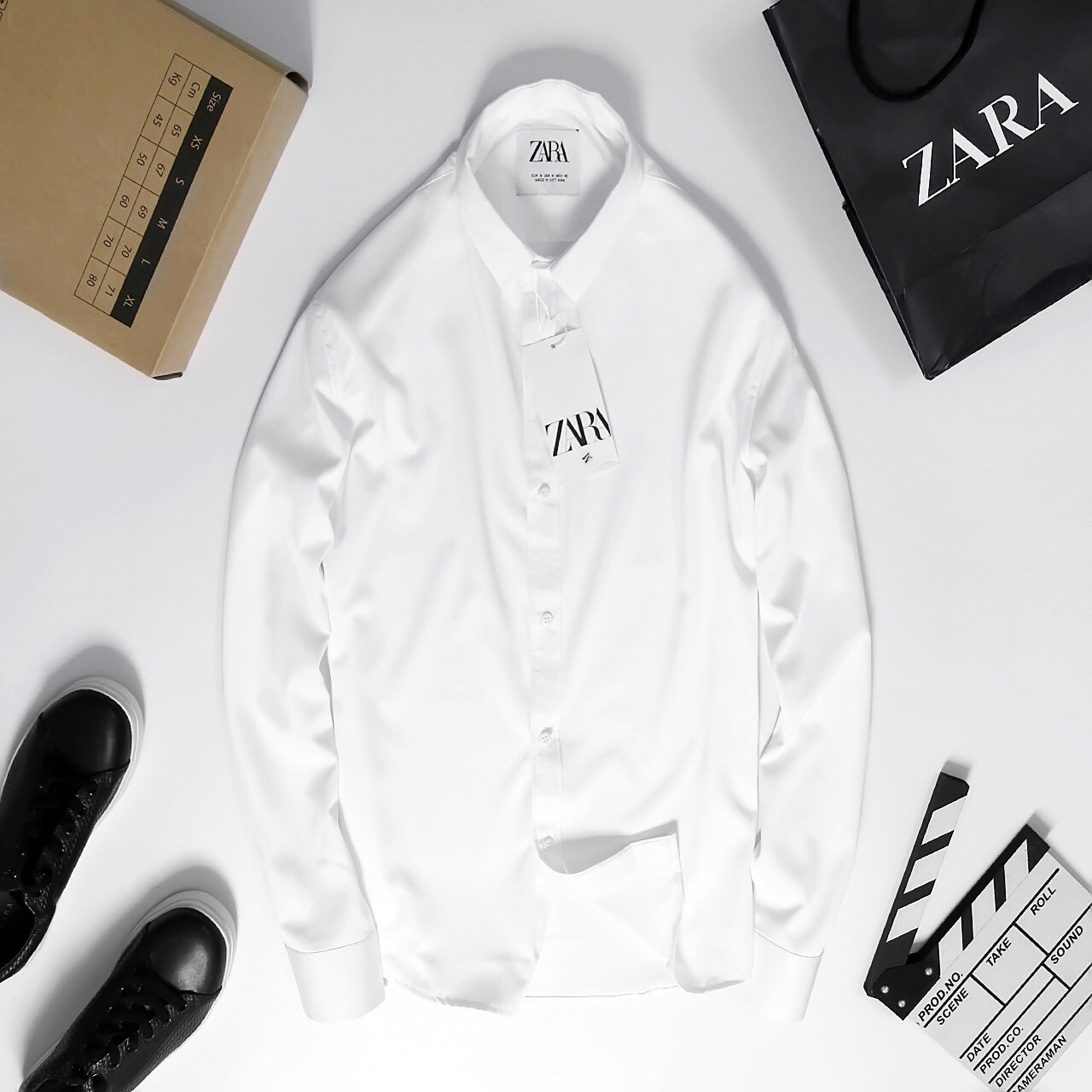 Sơmi dài tay Zara trắng đen