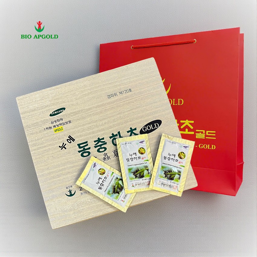 đông trùng hạ thảo hộp gỗ trắng Bio Apgold 60 gói