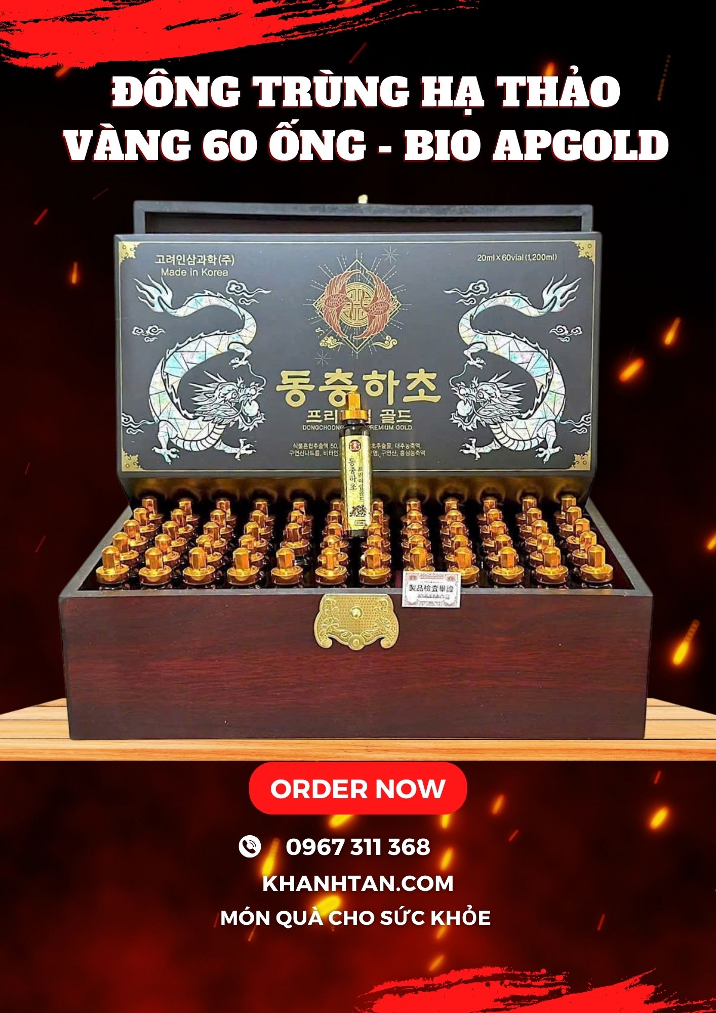 đông trùng hạ thảo vàng hộp 60 ống - bio apgold