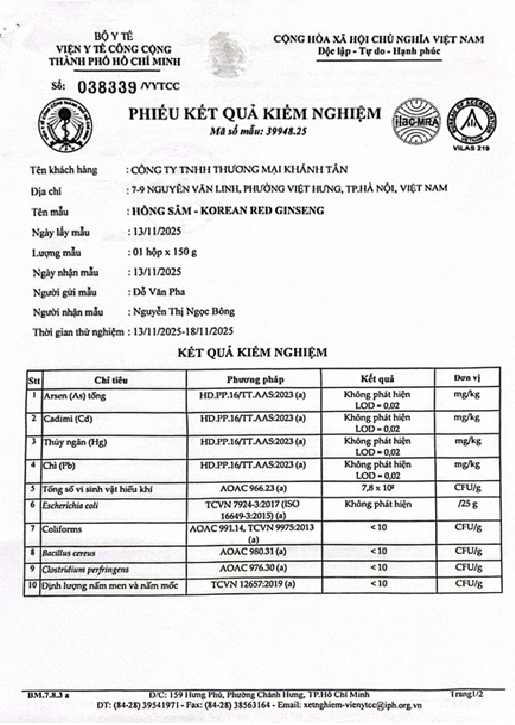 hồng sâm củ khô hàn quốc - phiếu kiểm nghiệm