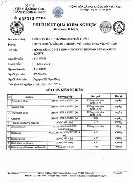 kiểm nghiệm sâm củ mật ong hàn quốc - Bio apgold