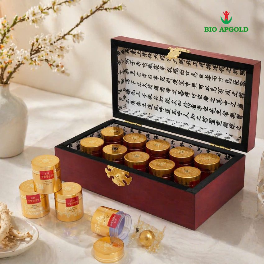 Hộp gỗ Ngưu Hoàng Thanh Tâm Hàn Quốc 10 viên Bio Apgold