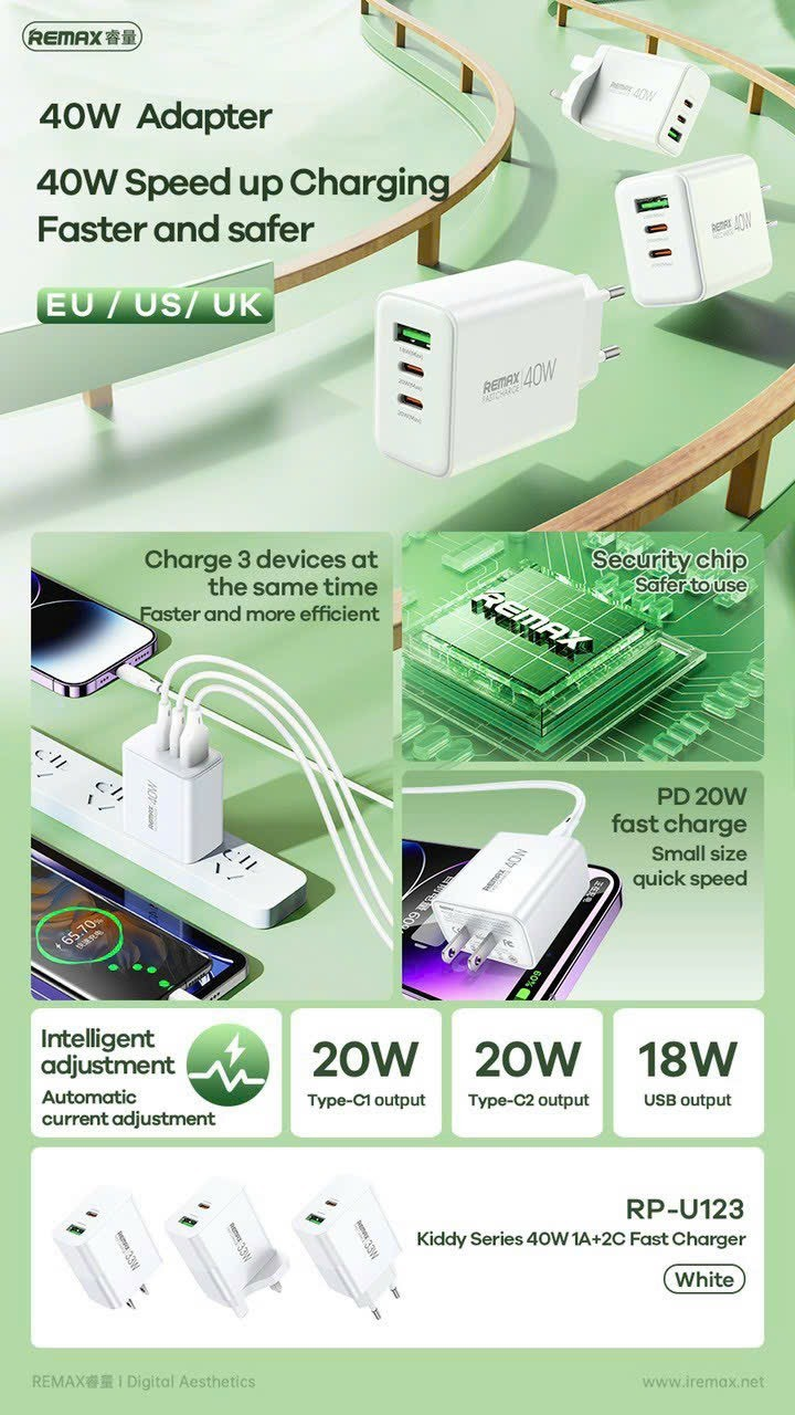 Cốc Sạc Nhanh 40W Remax RP-U123 3 cổng 1usb, 2 typeC