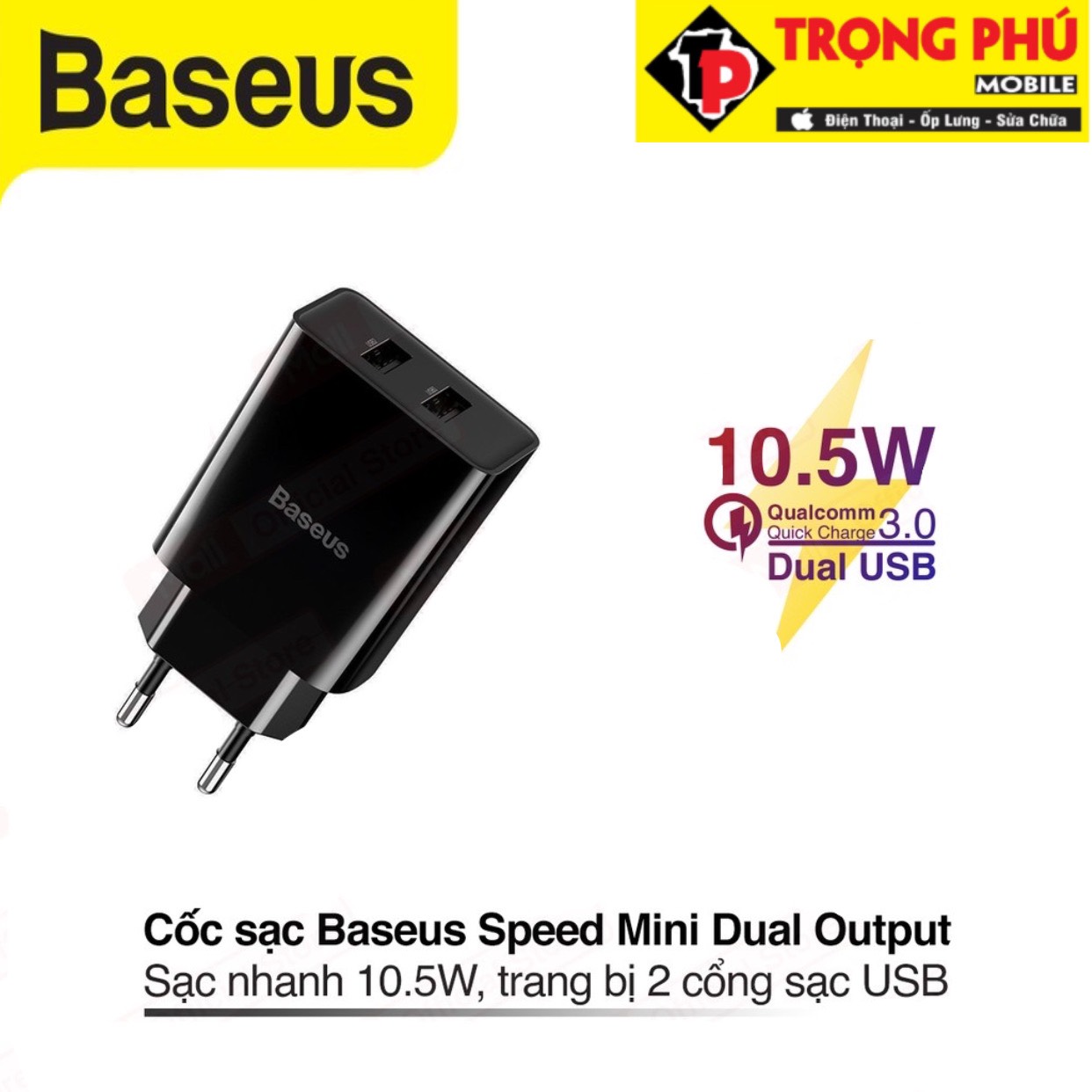 Cốc sạc Baseus Speed Mini Dual U Charger 10.5W Trọng phú mobile