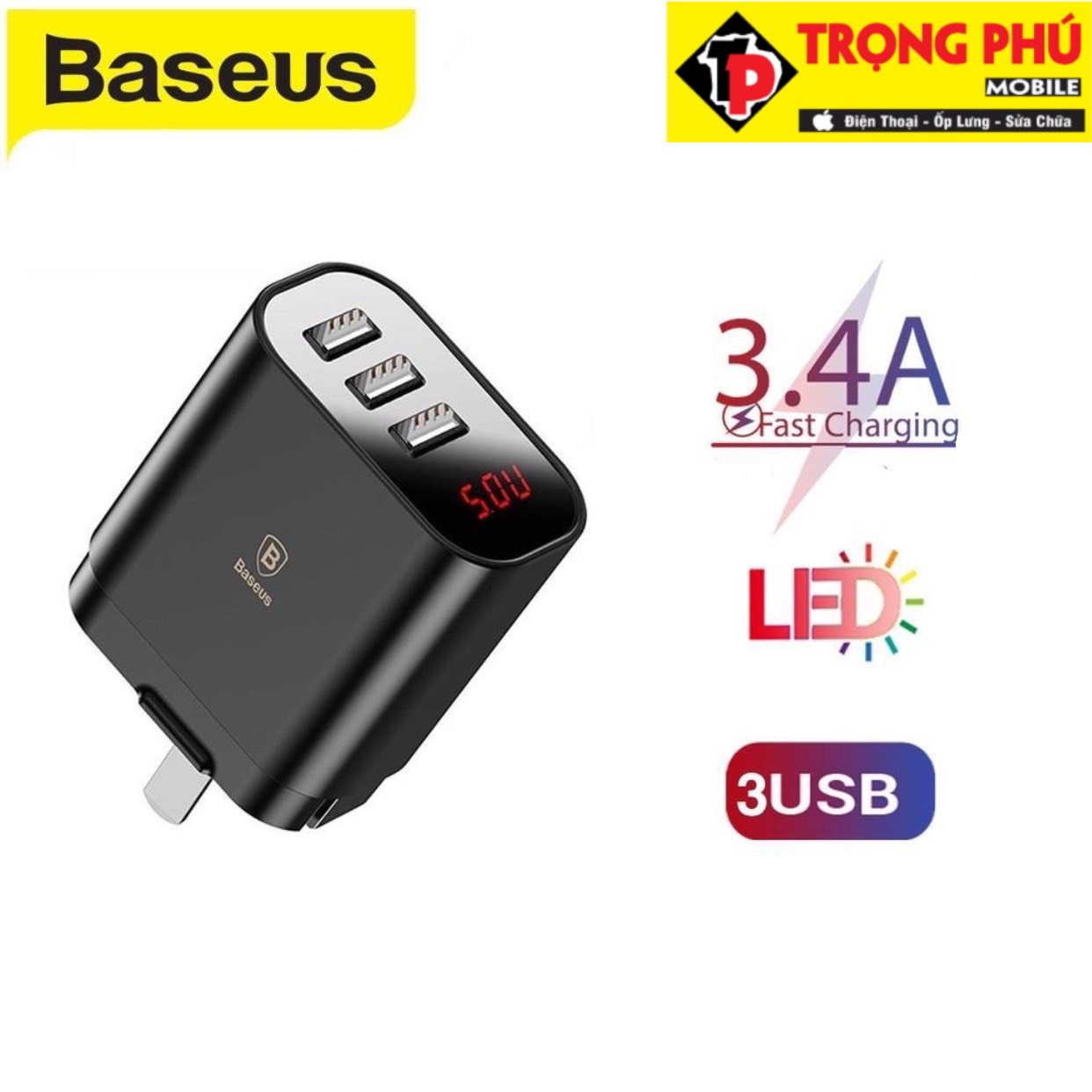 Cốc sạc Baseus Mirror Lake Intelligent 3USB 3.4A Trọng phú mobile