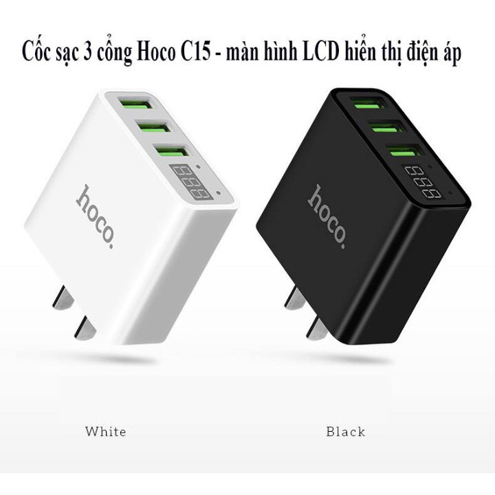 Cốc sạc nhanh 3 cổng Hoco C15 USB - Đen