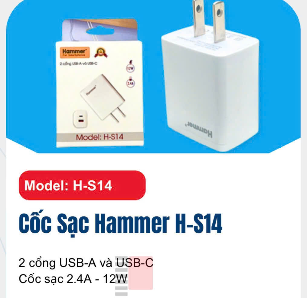 Cốc sạc Hammer H-S14 12w 2 cổng 1C1A