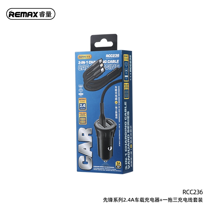 Bộ sạc ô tô Remax RCC236 12w 3 đầu Lighting,TypeC,Micro