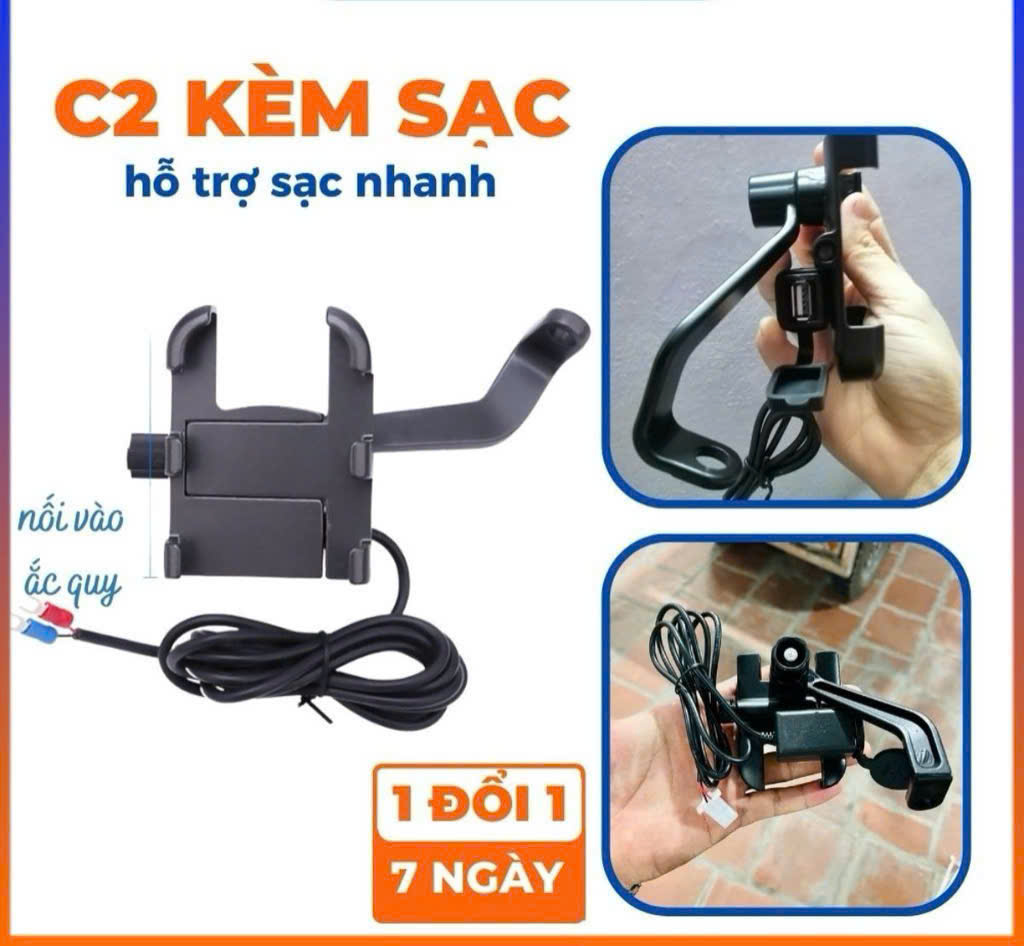 Kệ điện thoại xe máy C2 + kèm sạc xe máy