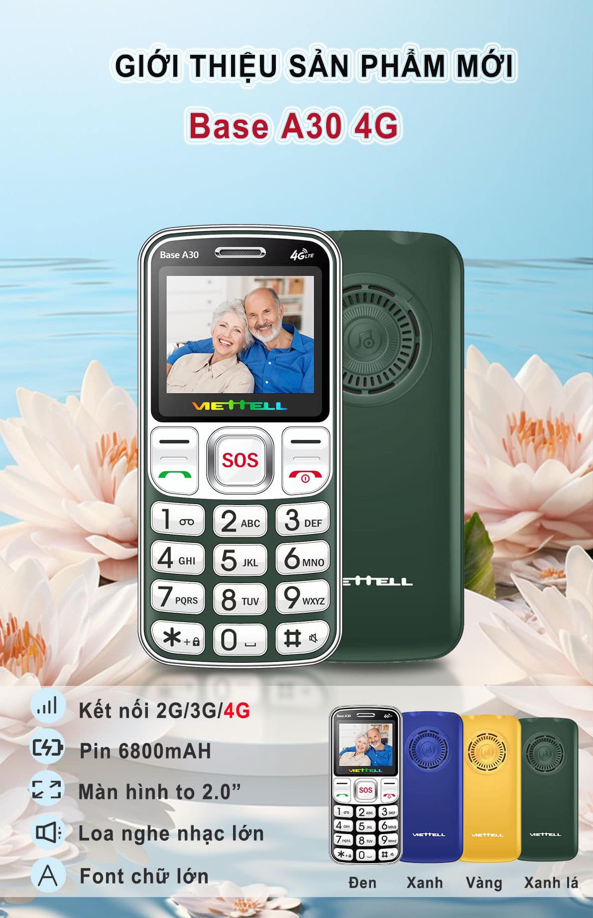 Điện thoại Người già Viettel A30 4G - Sóng 4G chuẩn Trọng phú mobile