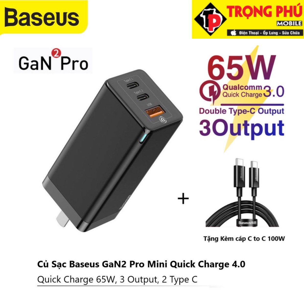 Bộ sạc TypeC-TypeC Baseus GaN2 Pro 2C+U 65W Trọng phú mobile