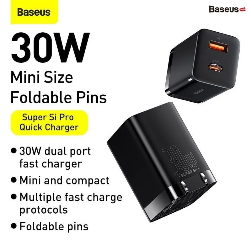 Cốc sạc nhanh siêu nhỏ gọn Baseus Super Si Pro Quick Charger C+U 30W