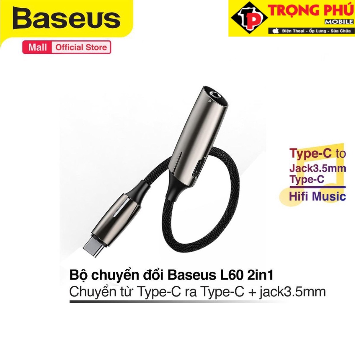 Cáp chuyển Baseus 2-in-1 Type-C Male to Type-C & 3.5mm L60