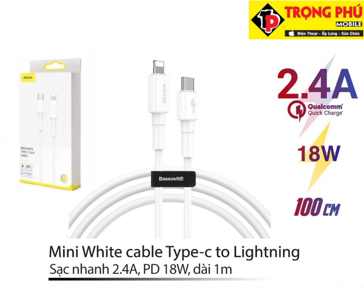 Cáp sạc Iphone11/12 20W Baseus Mini White Trọng phú mobile