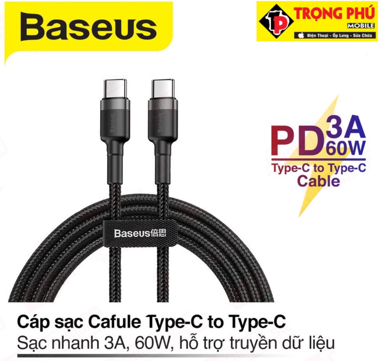 Cáp sạc typeC to TypeC Baseus Cafule 60W Trọng phú mobile