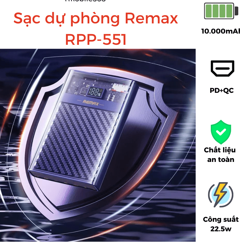 Pin sạc dự phòng remax rpp 551 trong suốt 22,5w 10.000mah