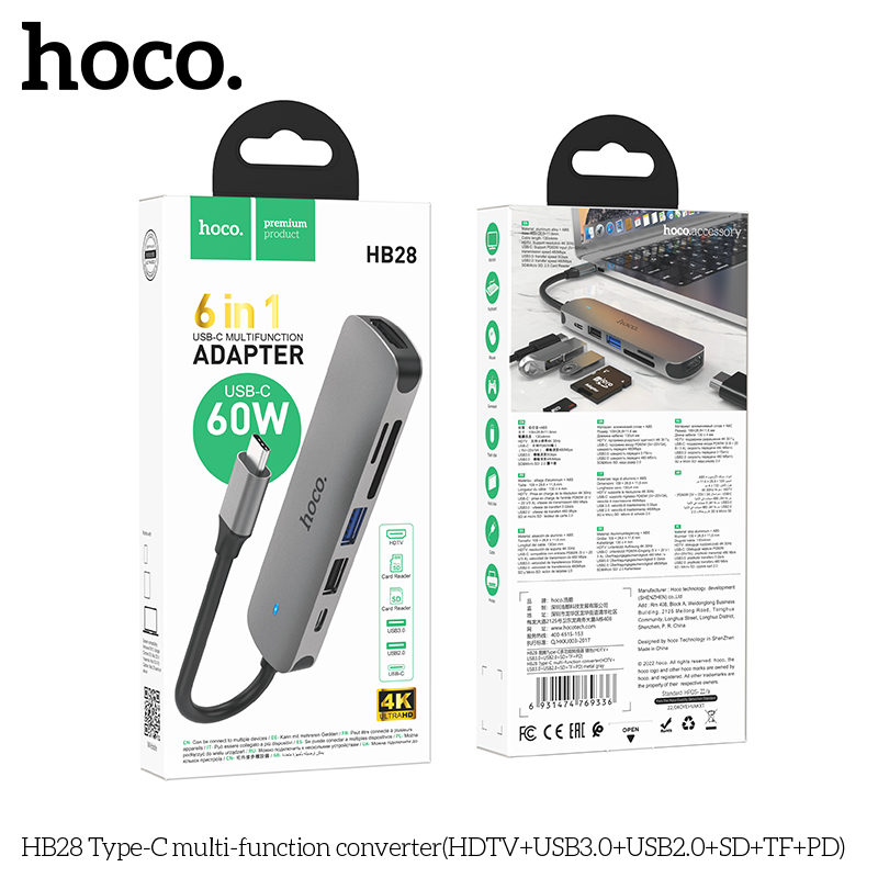 Bộ Hub chuyển đa năng Hoco HB28 ra USB OTG đọc thẻ to nhỏ, typeC