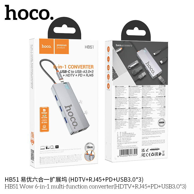 Bộ chuyển đổi 6in1 Hoco HB51 (typeC to hdmi, RJ45, PD,3xUSB3.0)