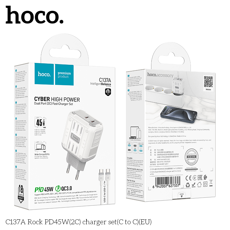 Bộ sạc Hoco C137A PD45w (2C) typeC-TypeC