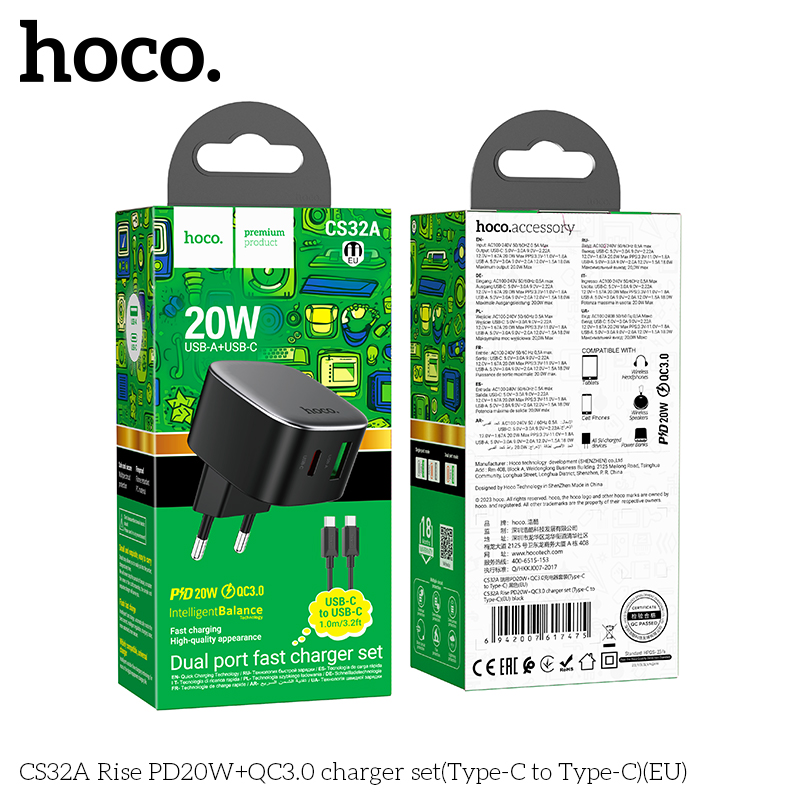 Bộ sạc Hoco CS32A PD20w (1C1A) typeC-TypeC cắm ngang