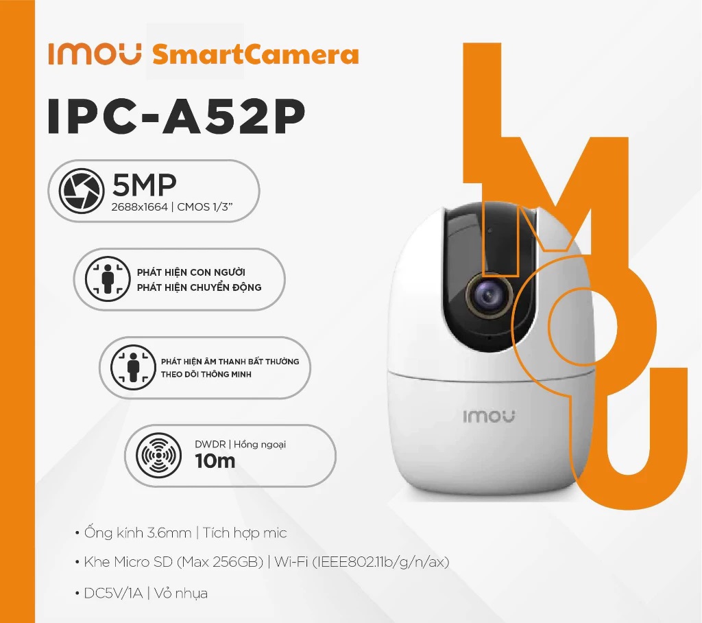 CAMERA IMou A52P-5MP Xoay 360 độ, mic loa đàm thoại 2 chiều (Ranger 2 5MP)