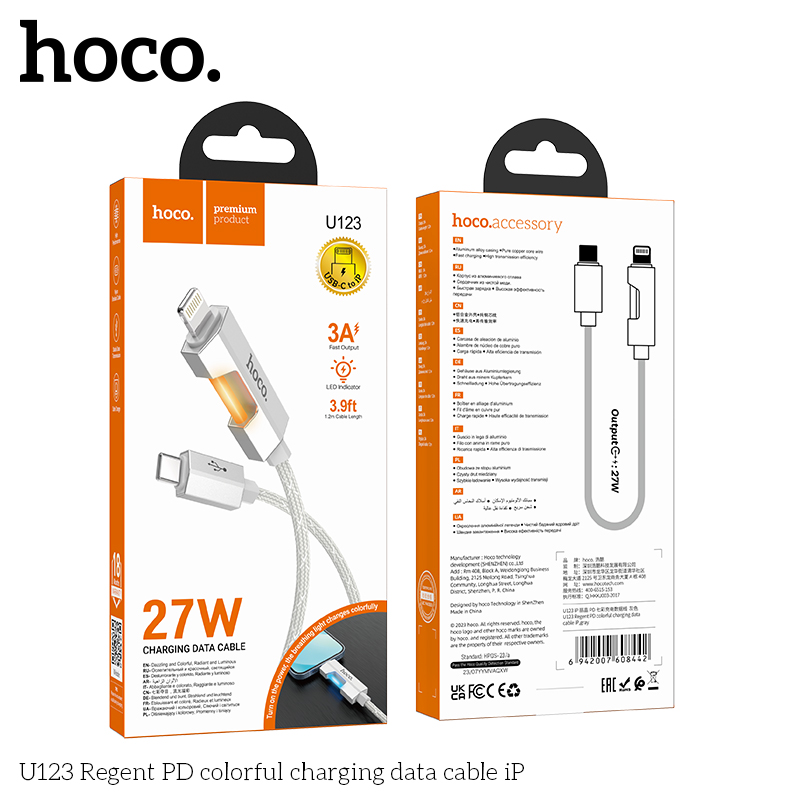 Cáp sạc nhanh Hoco U123 typeC-lighting