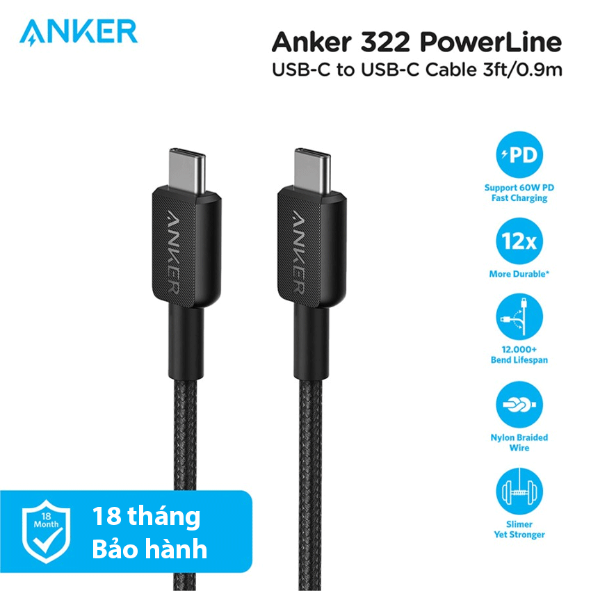 Cáp sạc Anker 322 typeC to typeC 1m Nylon