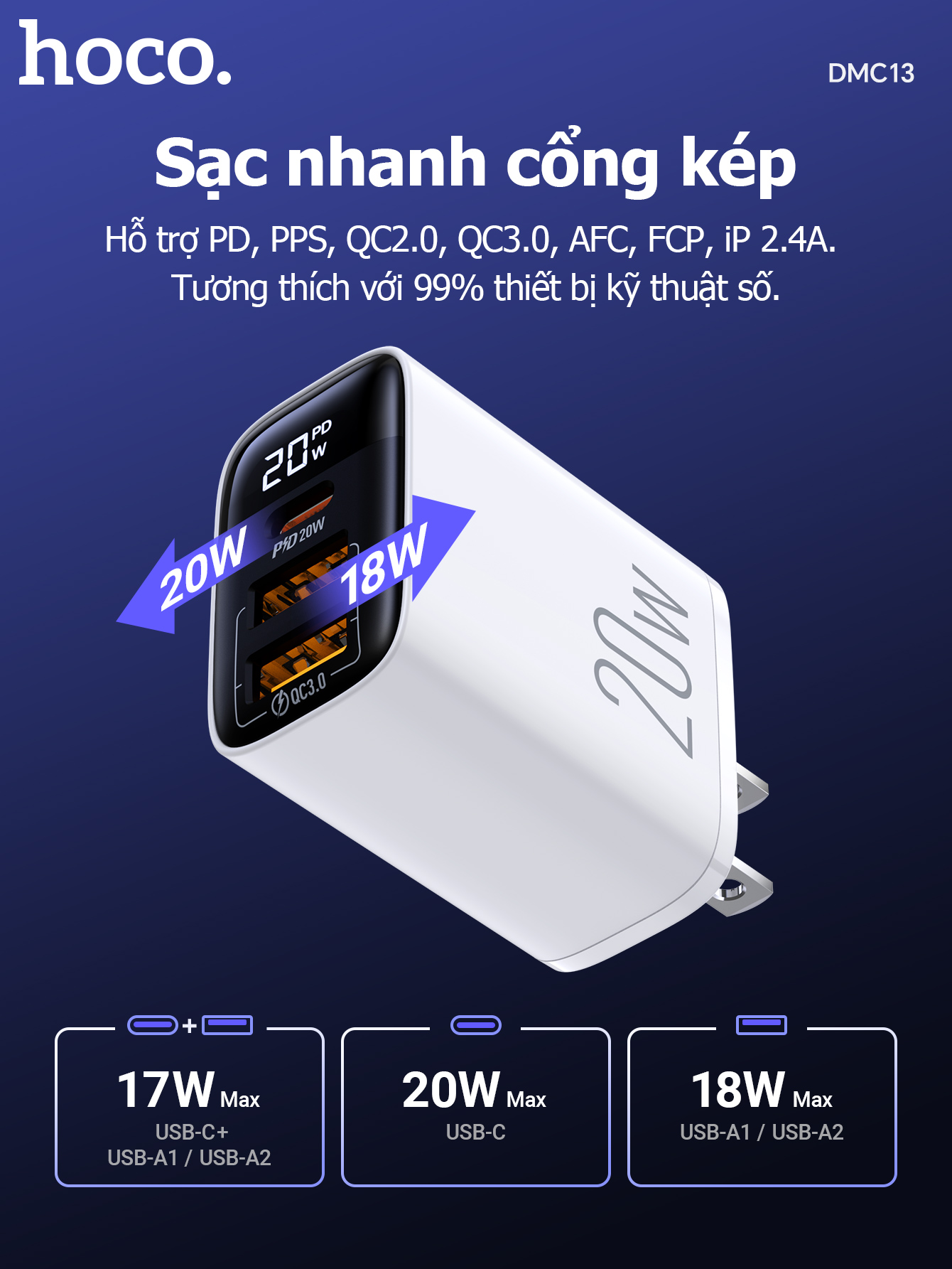 Cốc sạc Hoco DMC13 PD25w (1C2U)