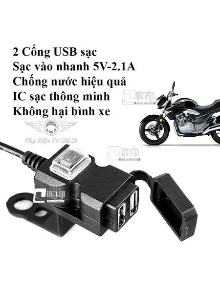 Sạc điện thoại trên xe máy 2 cổng usb có đèn led