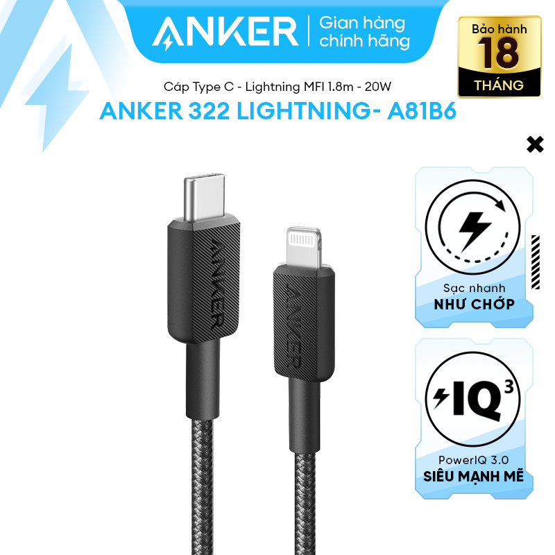 Cáp sạc Anker 322 20w typeC-Lighting 1.8m Nylon/Trắng