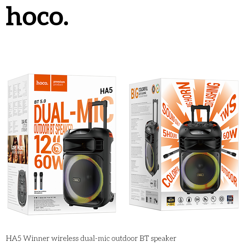 Loa Bluetooth Kéo Hoco HA5 kèm 2 mic không dây 60w