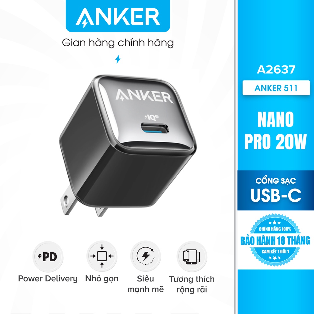 Cốc sạc Anker 511 Nano Pro 1C 20W A2637 - Nhiều màu