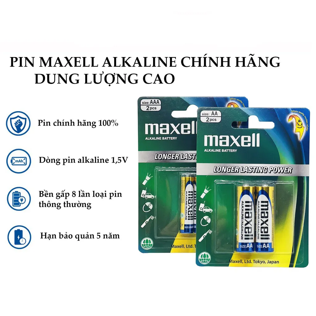 Vỉ 2 Pin  AAA (3A) nhỏ  Maxell Alkaline