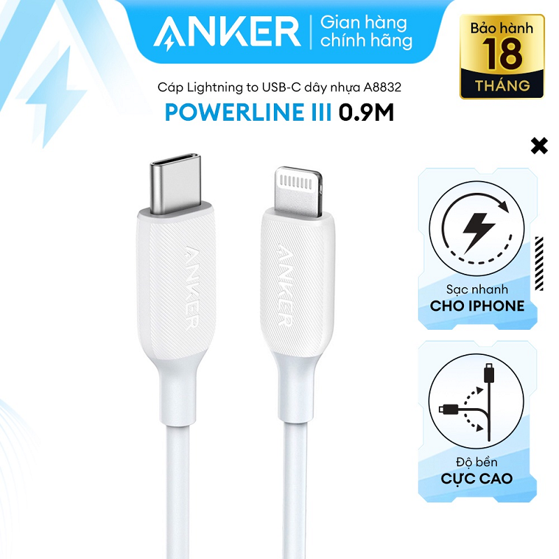 Cáp sạc Anker 322 20w typeC-Lighting 1.8m Nylon/Trắng