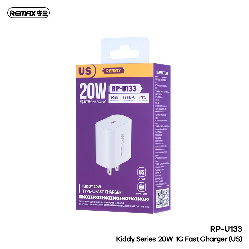 Cốc sạc nhanh REMAX RP-U133 EU/US 20W 1 cổng Type C