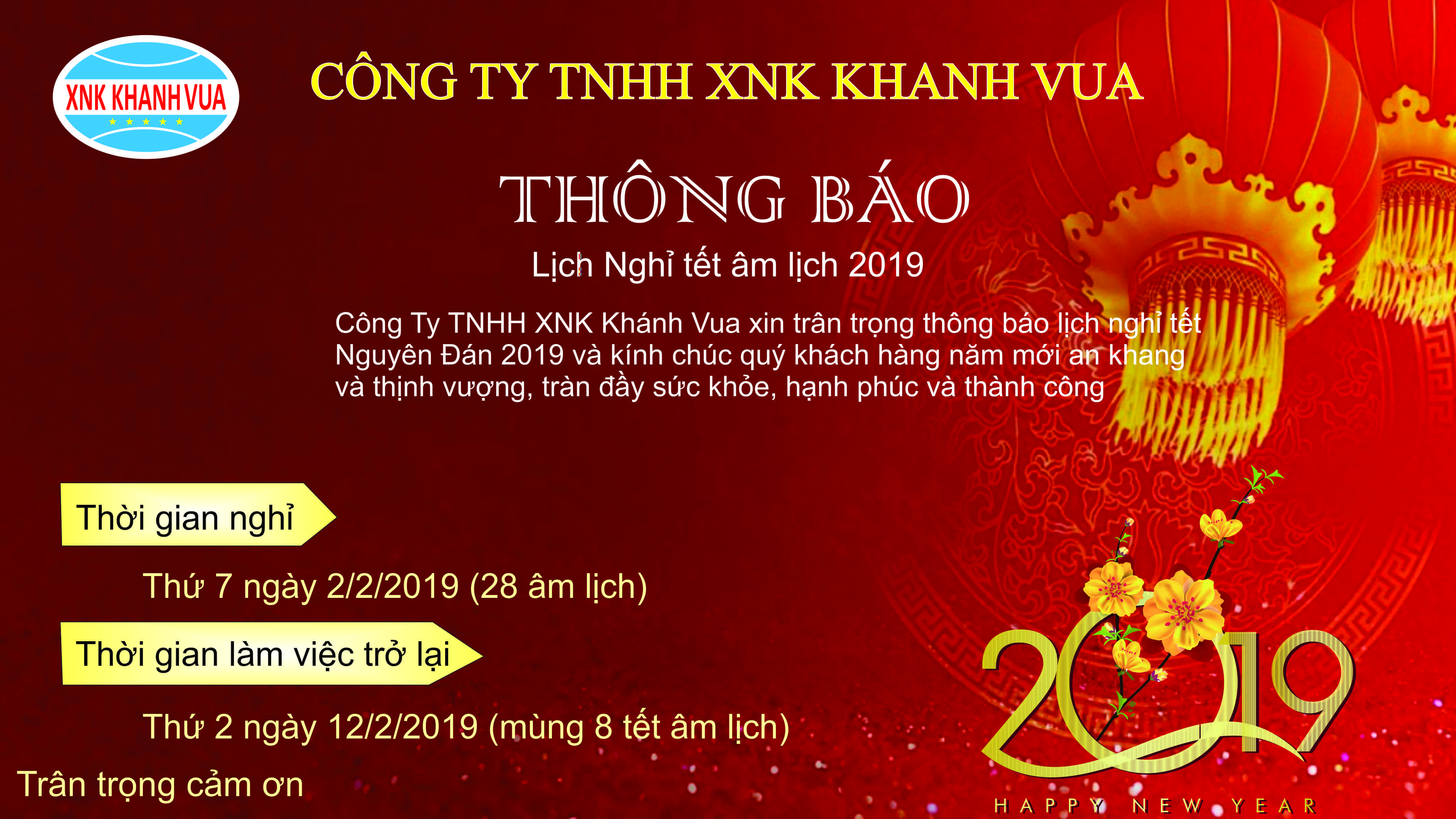 THÔNG BÁO LỊCH NGHỈ TẾT