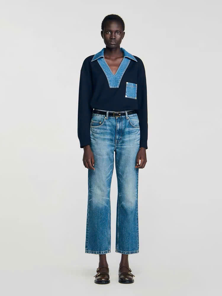 ao-len-sandro-phoi-co-v-denim-dai-tay