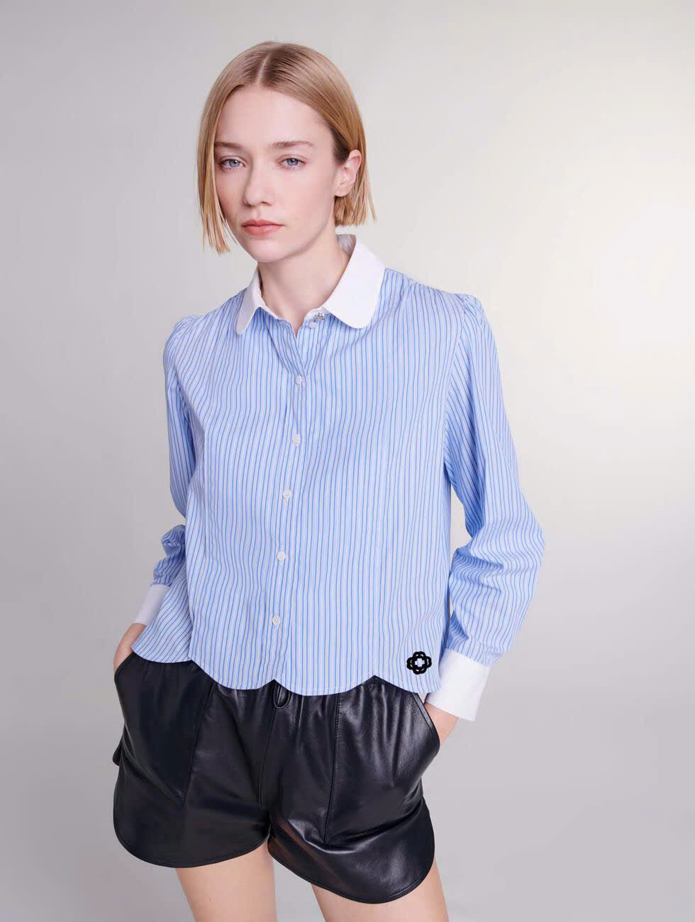 Sơ mi Maje kẻ xanh cổ trắng