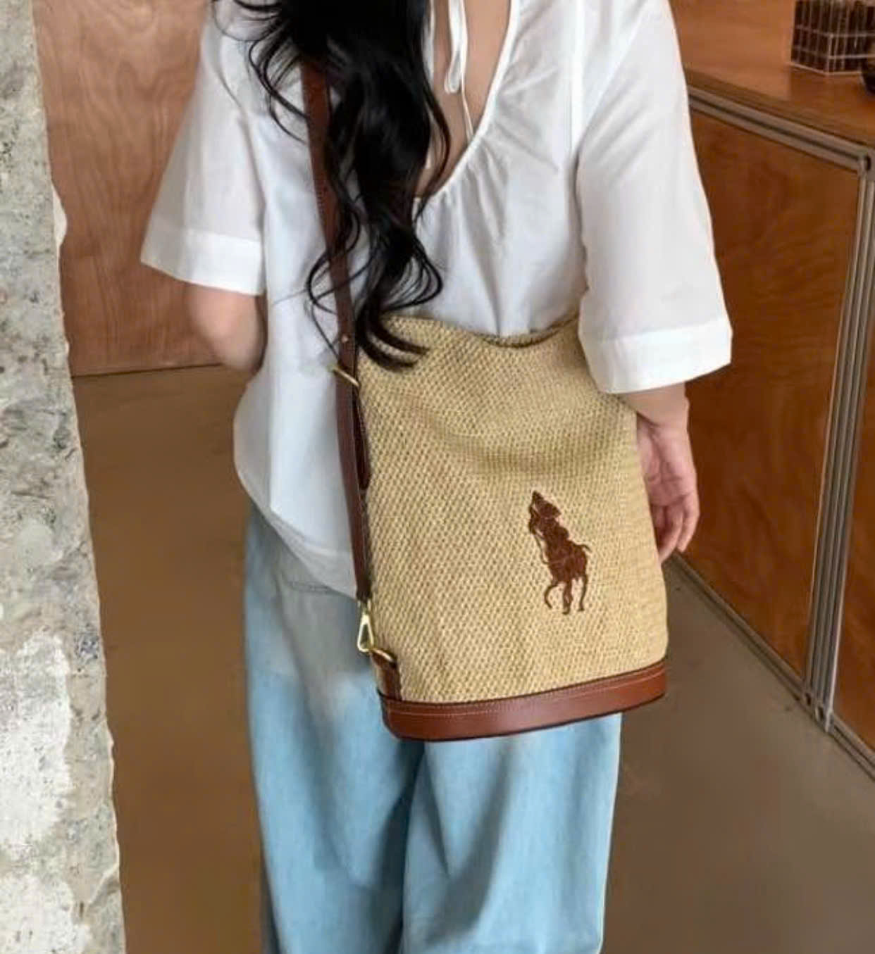 Túi Hobo Polo RL cói viền da nâu